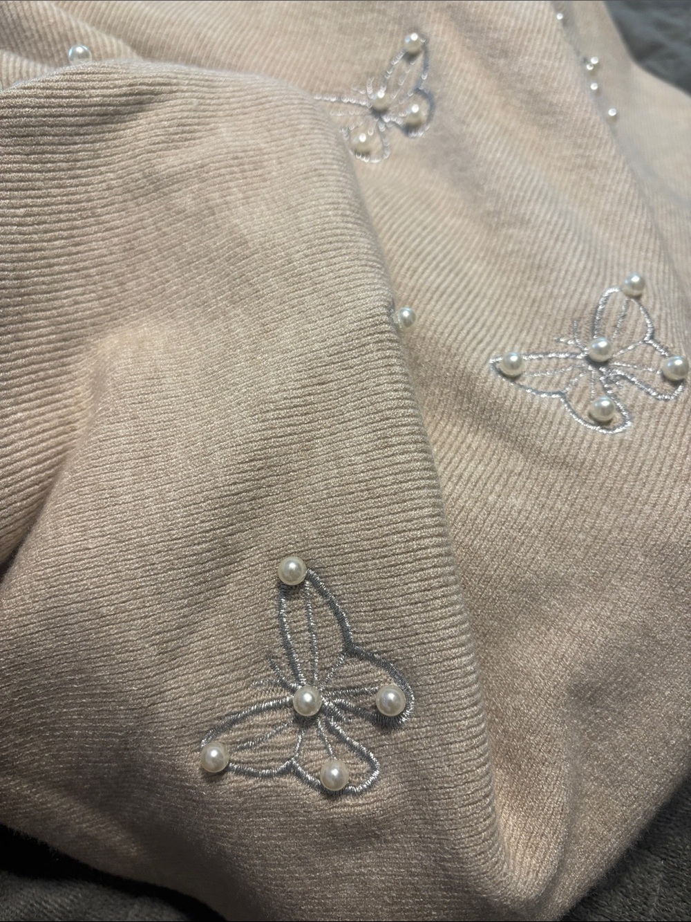 Liv Milano Heather Oatmeal Crewneck Sweater with Beaded Butterflies - Picture 2 of 9